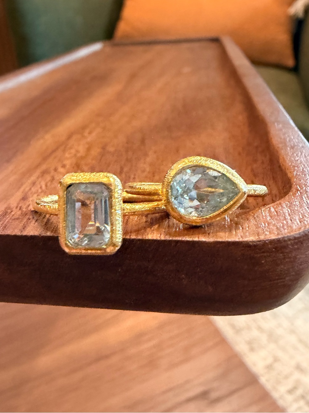 Set of 2 Gold Plated Textured rings w/ Aquamarine Cut Stones Classy Shiny
